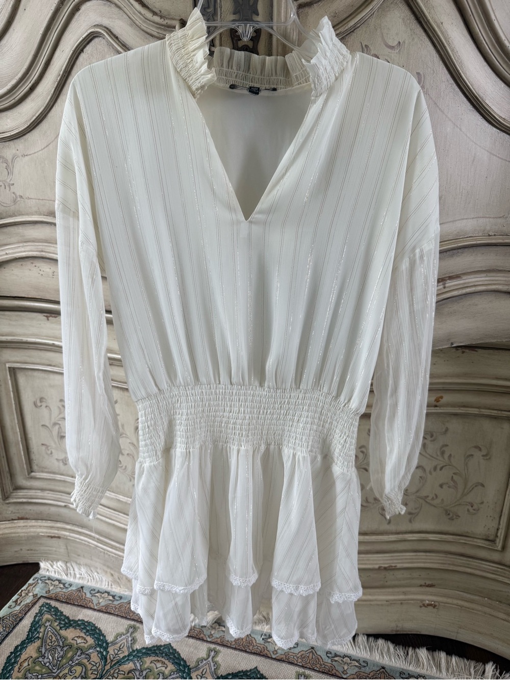 Women's White Ruffle V-Neck Smocked Waist dress